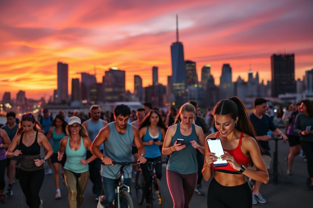 A busy urban cityscape at dusk, with a vibrant orange and purple sky in the background. In the foreground, a diverse group of people are engaged in various fitness activities - running, cycling, yoga, and weightlifting - using their smartphones to track their workouts and monitor their progress. The scene has a warm, energetic atmosphere, with the glow of the city lights and the silhouettes of skyscrapers in the distance. The focus is on the integration of technology and physical activity, showcasing a range of mobile apps that enable people to earn money through their fitness routines. A busy urban cityscape at dusk, with a vibrant orange and purple sky in the background. In the foreground, a diverse group of people are engaged in various fitness activities - running, cycling, yoga, and weightlifting - using their smartphones to track their workouts and monitor their progress. The scene has a warm, energetic atmosphere, with the glow of the city lights and the silhouettes of skyscrapers in the distance. The focus is on the integration of technology and physical activity, showcasing a range of mobile apps that enable people to earn money through their fitness routines.