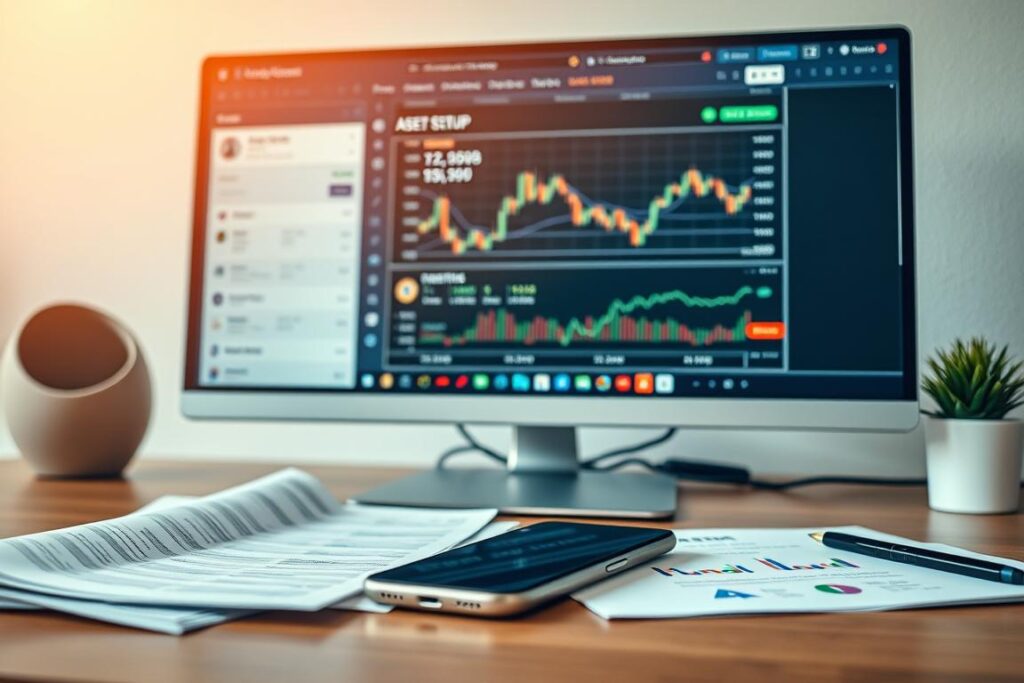 A comprehensive step-by-step guide to investing in cryptocurrencies. Detailed yet approachable, the image depicts a clean and modern desktop workspace. On the screen, a cryptocurrency trading app displays intuitive interfaces for account setup, asset purchases, and portfolio management. In the foreground, financial documents and a smartphone convey the practical aspects of the investment process. The middle ground features a sleek, minimalist design with clean typography and subtle iconography, guiding the viewer through the key stages. The background showcases a soft, gradient-based color scheme, creating a calming and professional atmosphere suitable for a finance-related topic. Warm lighting and a shallow depth of field draw the eye to the essential elements, making the overall image informative, visually appealing, and reflective of the article's subject and section title.