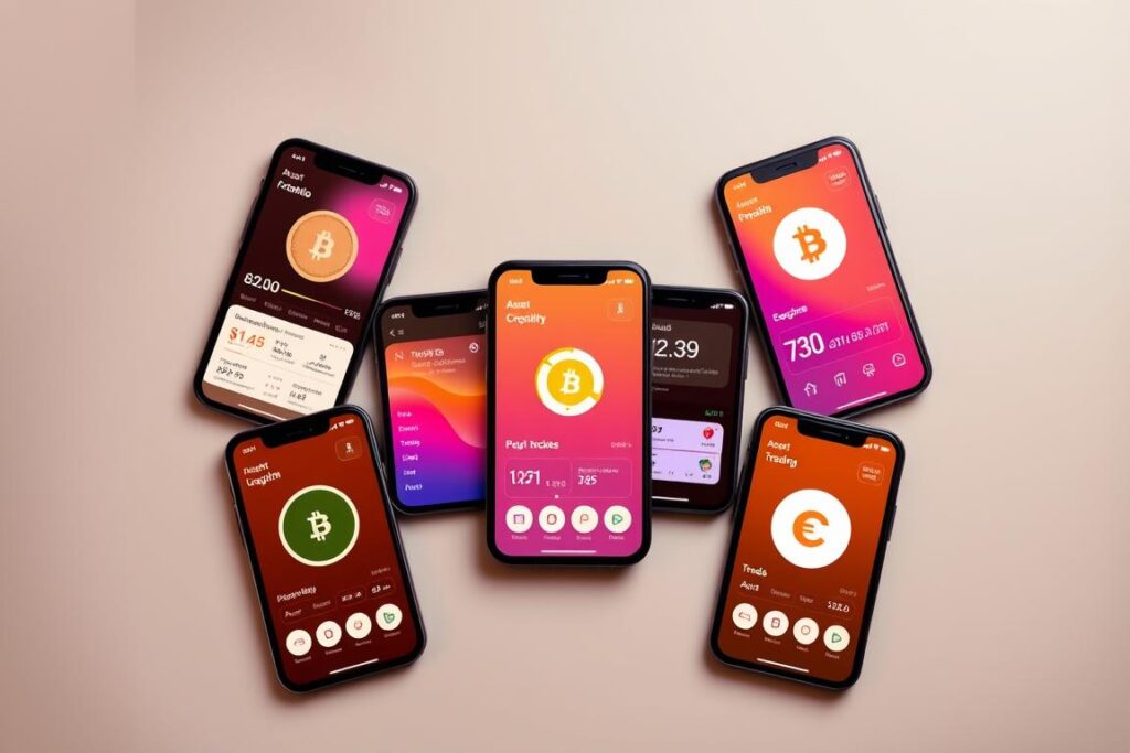 A detailed illustration of the best cryptocurrency investment apps in 2025. Centered composition featuring several sleek, modern mobile devices arranged in a clean, symmetrical layout. The devices display vibrant, intuitive user interfaces showcasing portfolio management, asset tracking, and trading functionalities. Warm, soft lighting from the left, creating subtle shadows and highlights that accentuate the devices' smooth, reflective surfaces. Muted, neutral background in shades of gray or beige to keep the focus on the apps. Overall, a sophisticated, high-tech aesthetic that conveys trust, reliability, and a user-friendly investment experience.