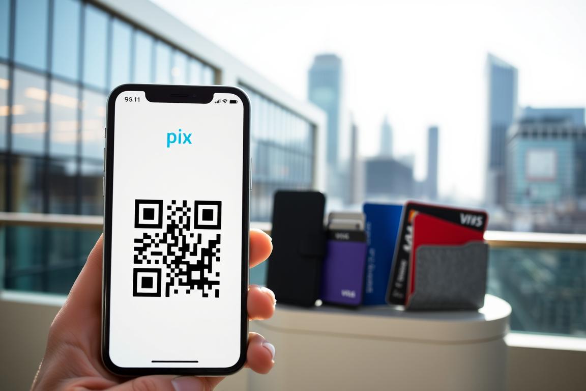 A modern, digital payment platform showcasing the seamless process of Pix transactions. In the foreground, a smartphone screen displays a Pix QR code, its vibrant colors and clean design inviting users to initiate a secure, contactless payment. In the middle ground, various payment methods, such as bank cards and mobile wallets, symbolize the versatility of the Pix system. The background features a sleek, minimalist cityscape, hinting at the ubiquity and convenience of this innovative payment technology. Bright, natural lighting illuminates the scene, conveying a sense of efficiency and trustworthiness associated with the Pix platform. The overall composition emphasizes the simplicity and accessibility of Pix, making it an ideal choice for modern financial transactions. A modern, digital payment platform showcasing the seamless process of Pix transactions. In the foreground, a smartphone screen displays a Pix QR code, its vibrant colors and clean design inviting users to initiate a secure, contactless payment. In the middle ground, various payment methods, such as bank cards and mobile wallets, symbolize the versatility of the Pix system. The background features a sleek, minimalist cityscape, hinting at the ubiquity and convenience of this innovative payment technology. Bright, natural lighting illuminates the scene, conveying a sense of efficiency and trustworthiness associated with the Pix platform. The overall composition emphasizes the simplicity and accessibility of Pix, making it an ideal choice for modern financial transactions.