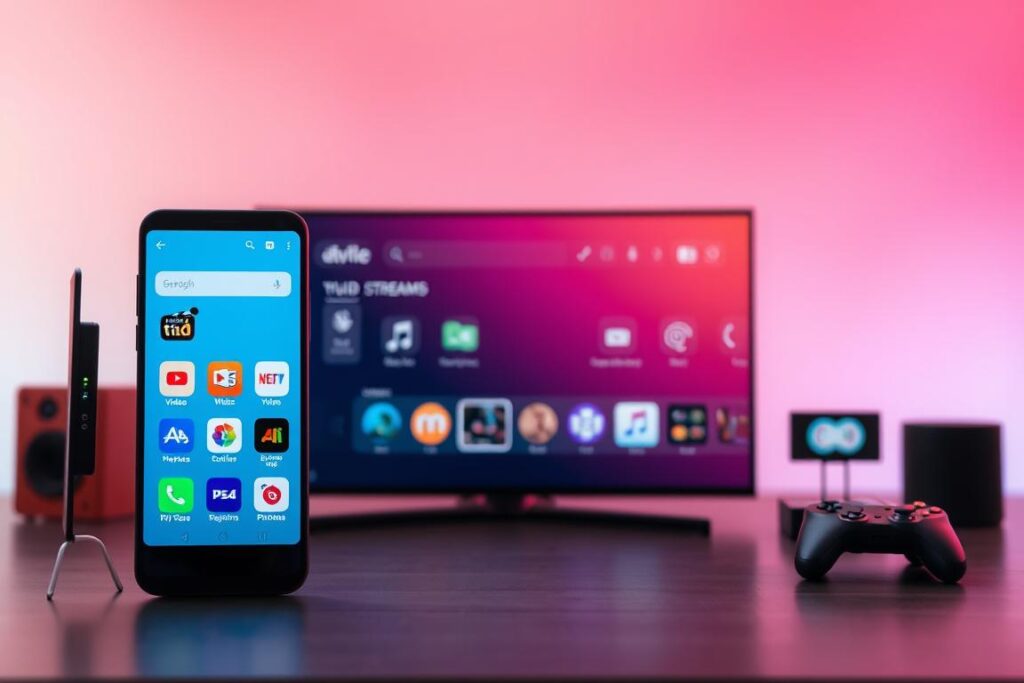 A modern mobile entertainment hub showcasing a variety of streaming app icons and interfaces. The foreground depicts a sleek smartphone display with vibrant app logos representing popular video, music, and gaming platforms. The middle ground features a minimal, high-contrast interface design with clean typography and intuitive navigation controls. The background subtly blends gradient hues, creating a futuristic, technology-driven ambiance. Soft, diffused lighting casts a warm, inviting glow across the scene, emphasizing the user-friendly and immersive nature of the mobile streaming experience. A cinematic, 24mm lens perspective captures the scene with depth and visual balance, highlighting the harmonious integration of hardware and software in the modern digital entertainment landscape. A modern mobile entertainment hub showcasing a variety of streaming app icons and interfaces. The foreground depicts a sleek smartphone display with vibrant app logos representing popular video, music, and gaming platforms. The middle ground features a minimal, high-contrast interface design with clean typography and intuitive navigation controls. The background subtly blends gradient hues, creating a futuristic, technology-driven ambiance. Soft, diffused lighting casts a warm, inviting glow across the scene, emphasizing the user-friendly and immersive nature of the mobile streaming experience. A cinematic, 24mm lens perspective captures the scene with depth and visual balance, highlighting the harmonious integration of hardware and software in the modern digital entertainment landscape.