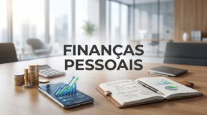 Banner da categoria Finanças Pessoais com gráficos de crescimento, smartphone e elementos de planejamento financeiro representando economia e organização de dinheiro.