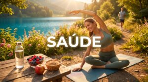 Banner da categoria Saúde com pessoa em ambiente natural, alimentação saudável e elementos que representam bem-estar e qualidade de vida.