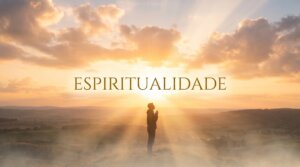 Banner da categoria Espiritualidade com nascer do sol, luz dourada e atmosfera de paz representando fé, esperança e conexão espiritual.