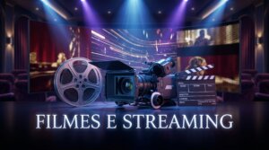 Claquete, rolo de filme e tela de cinema representando a categoria Filmes e entretenimento.