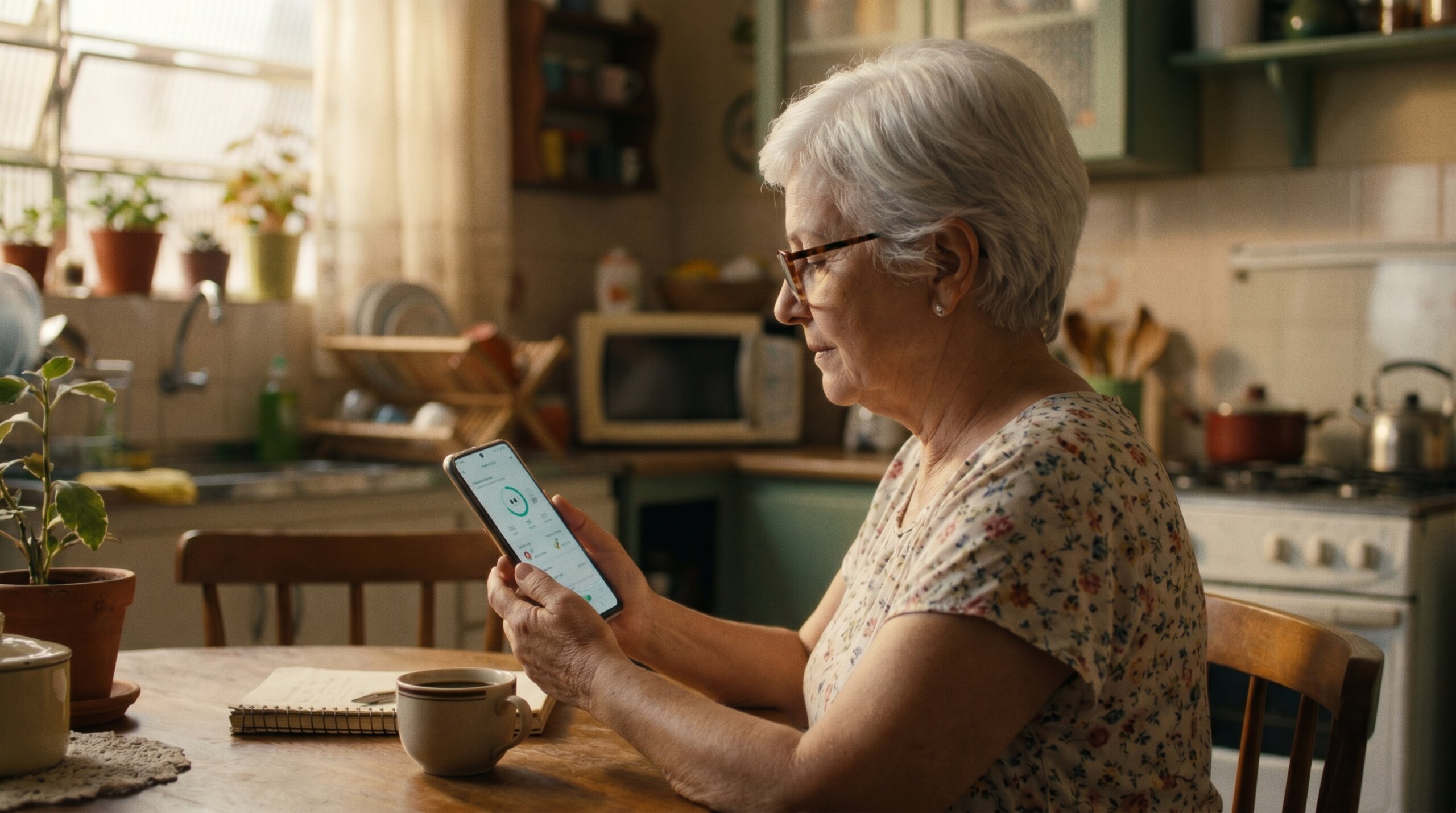 idosa usando aplicativo para diabéticos grátis no celular em casa