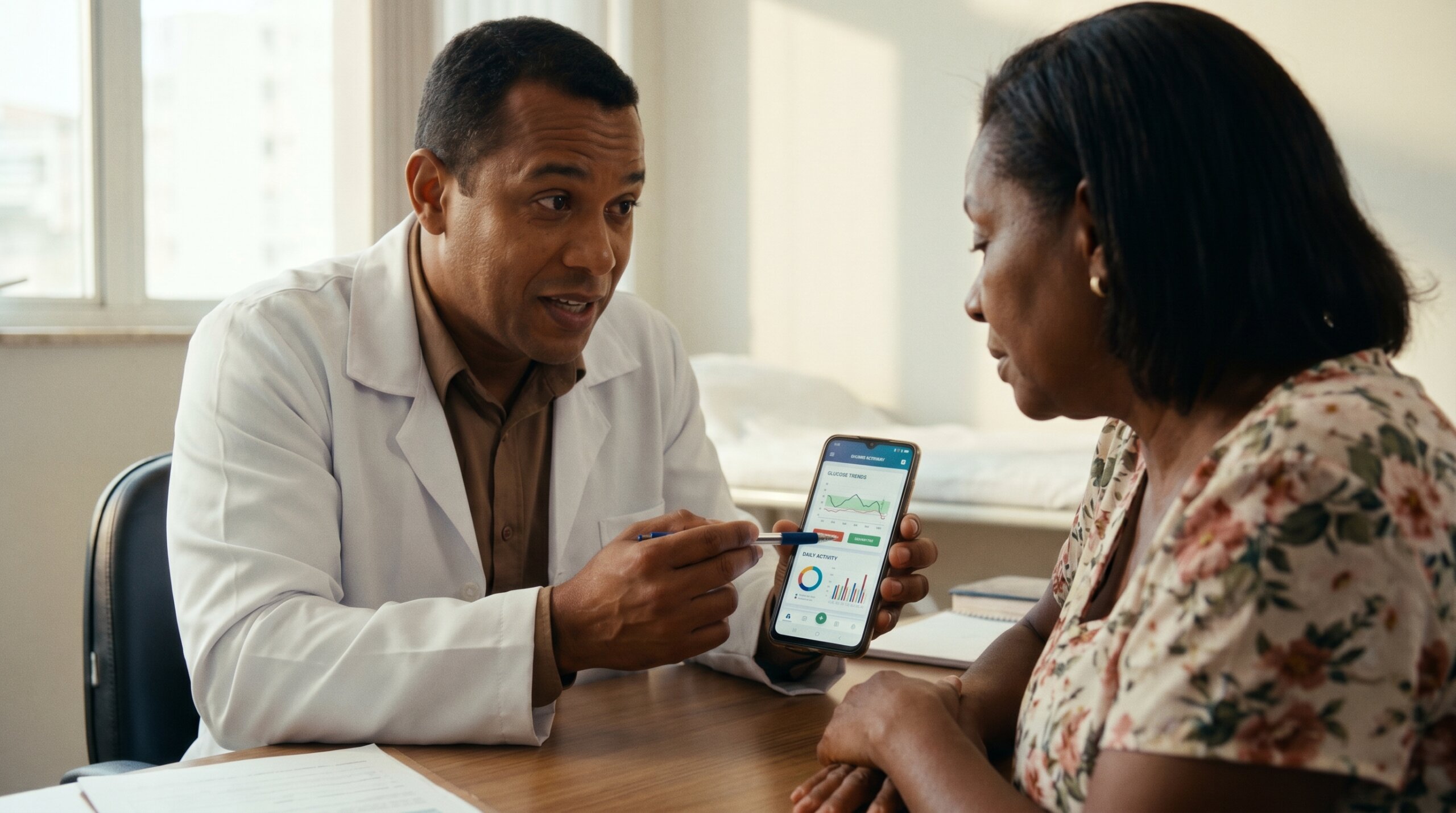 médico e paciente consultando relatório de app para controle de diabetes no celular
