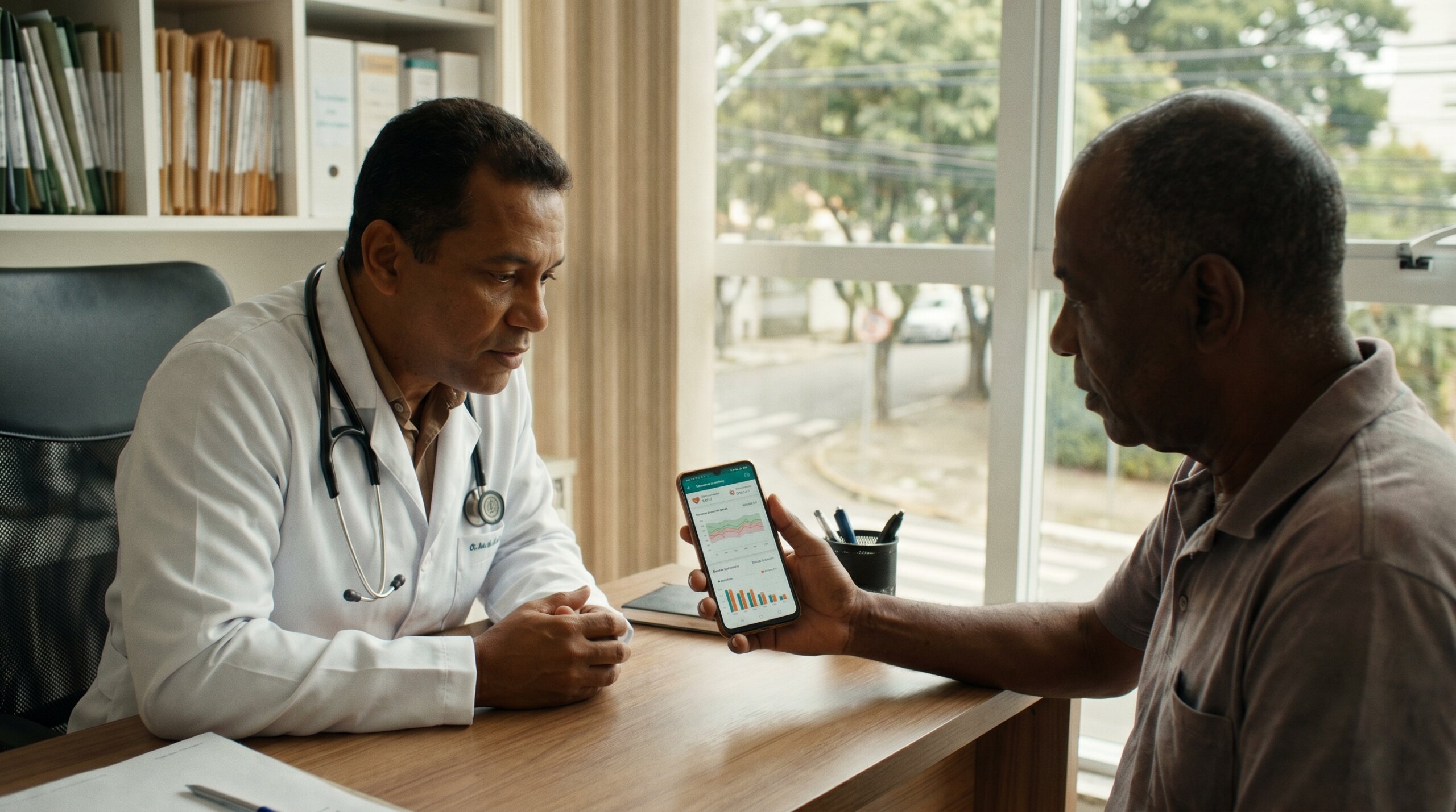 médico e paciente consultando relatório de app para controle de pressão alta