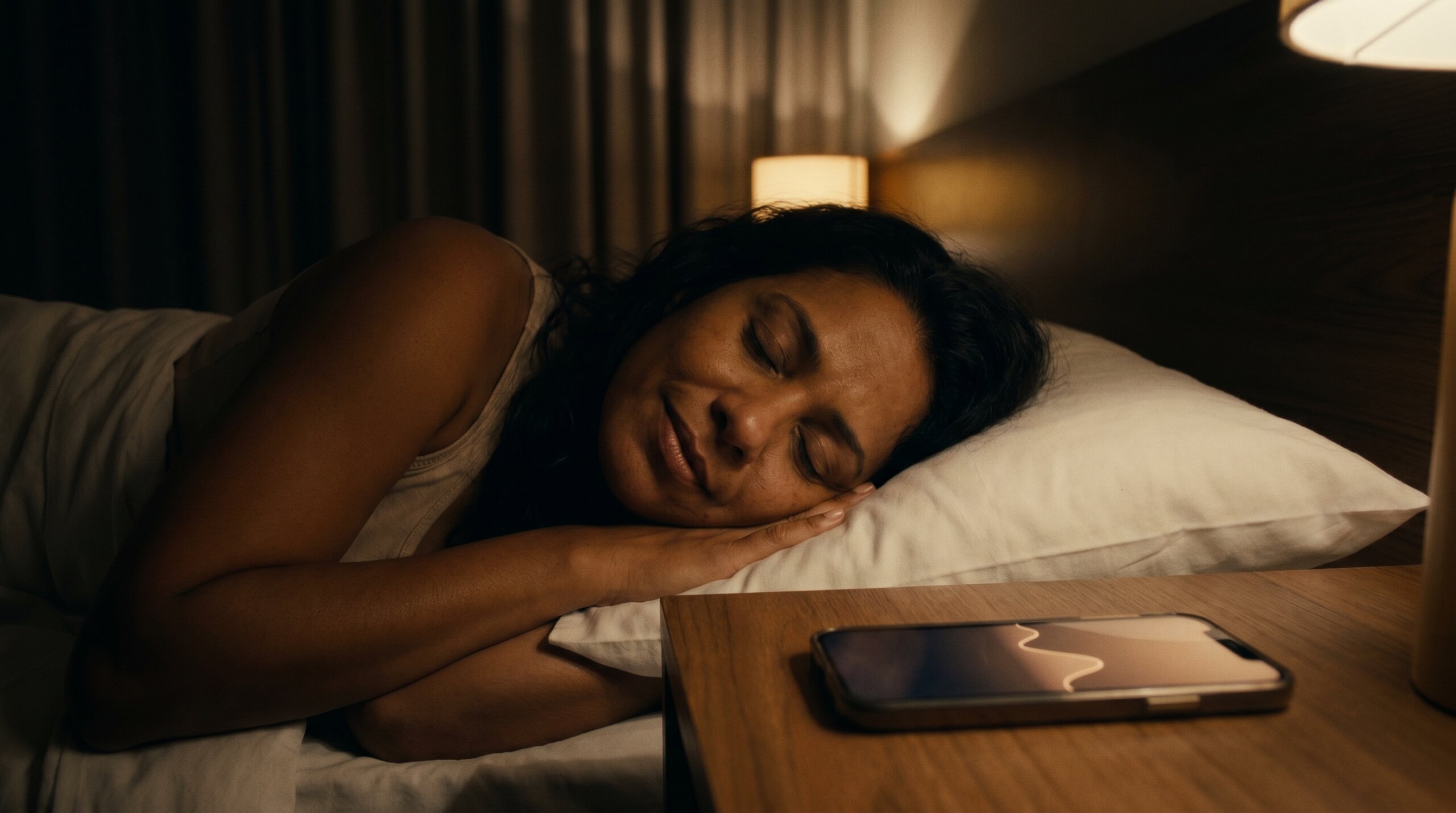 mulher dormindo com app de sono no celular ao lado 2026, aplicativos para dormir melhor grátis
