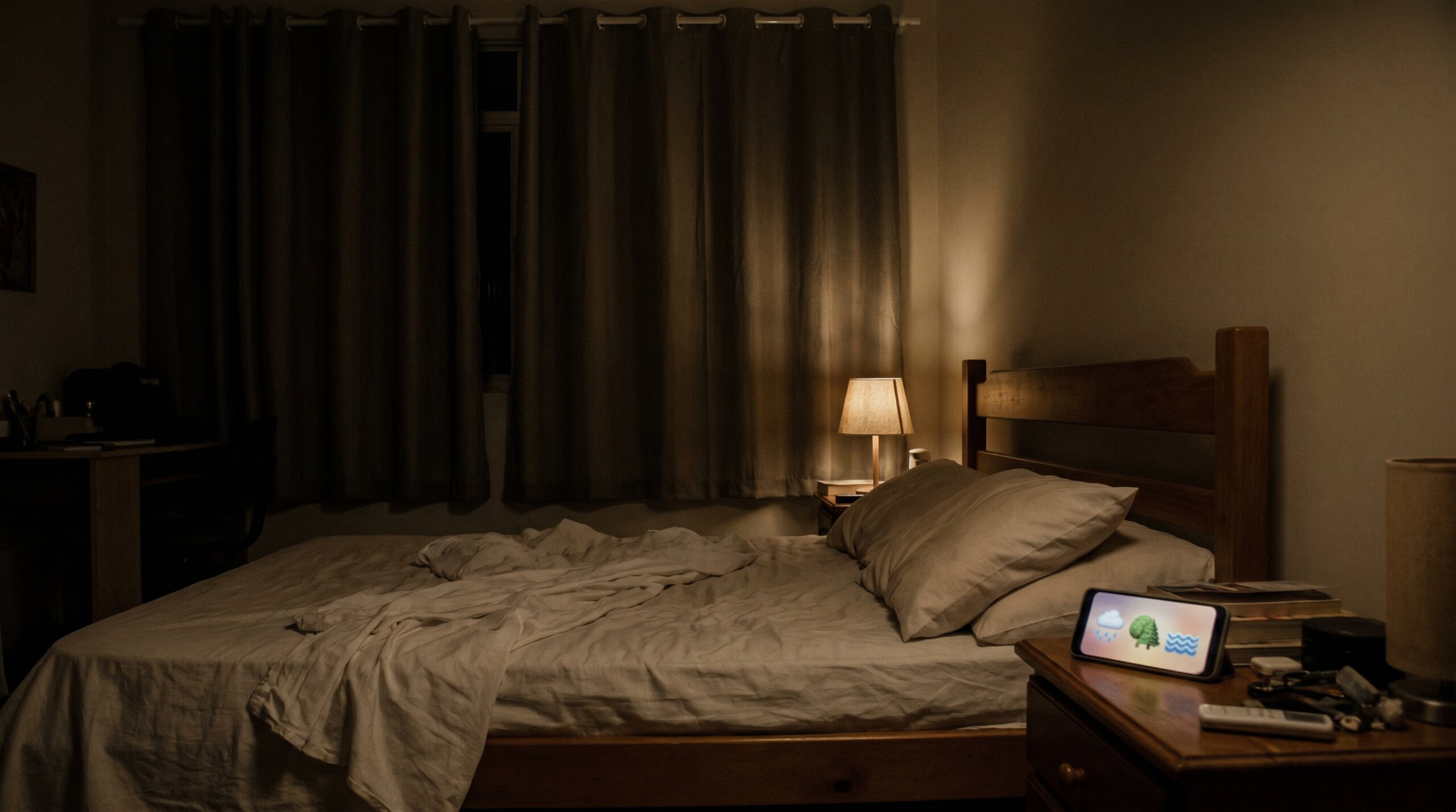quarto escuro relaxante com app de sons para dormir melhor