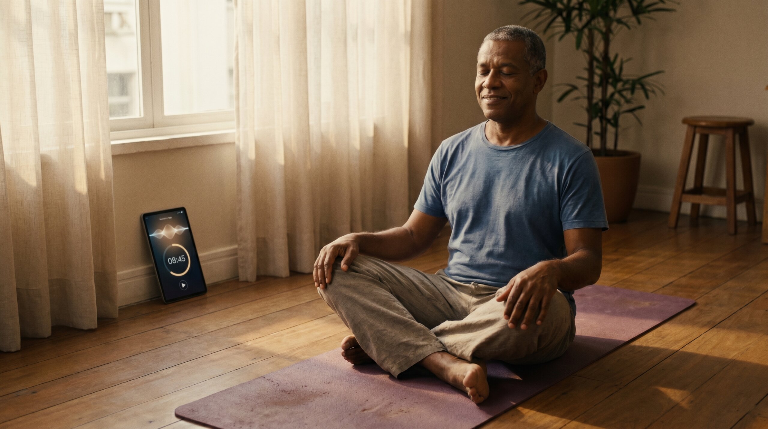 homem meditando com aplicativo de meditação -Melhores Aplicativos para Ansiedade Grátis