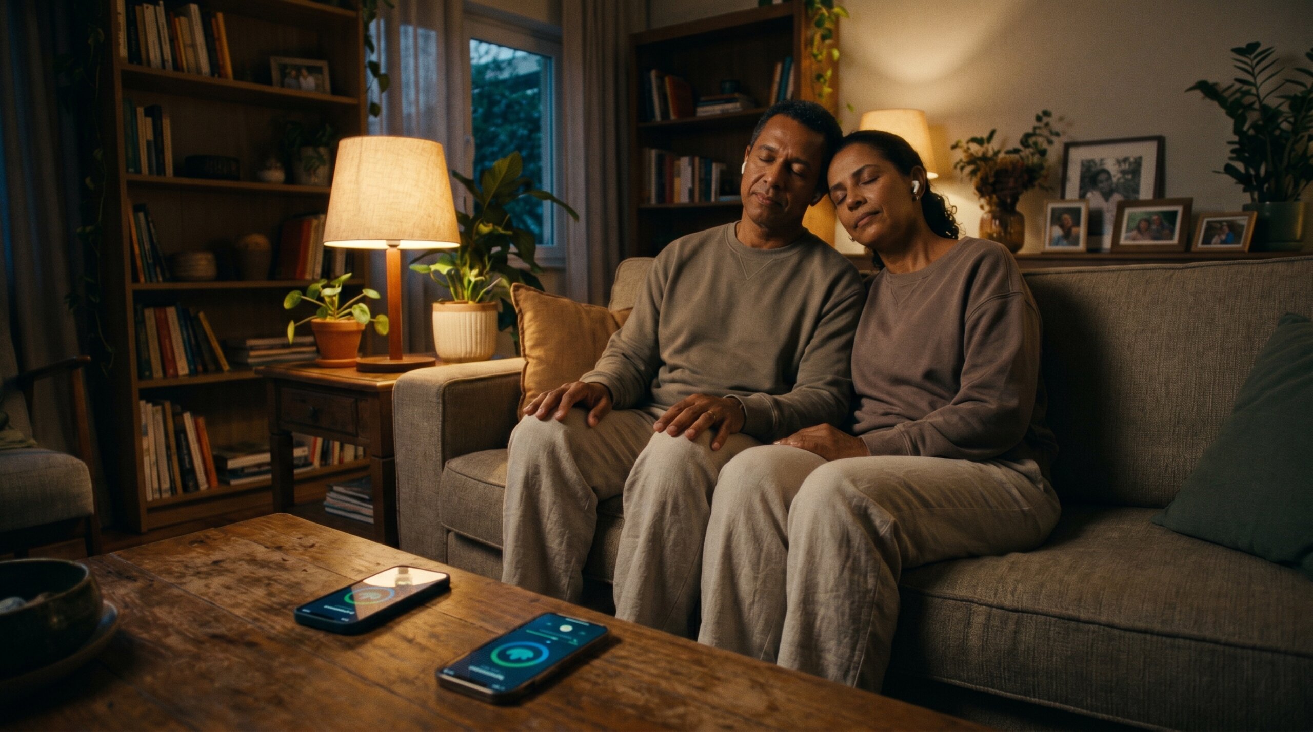 casal usando app de meditação para ansiedade juntos em casa