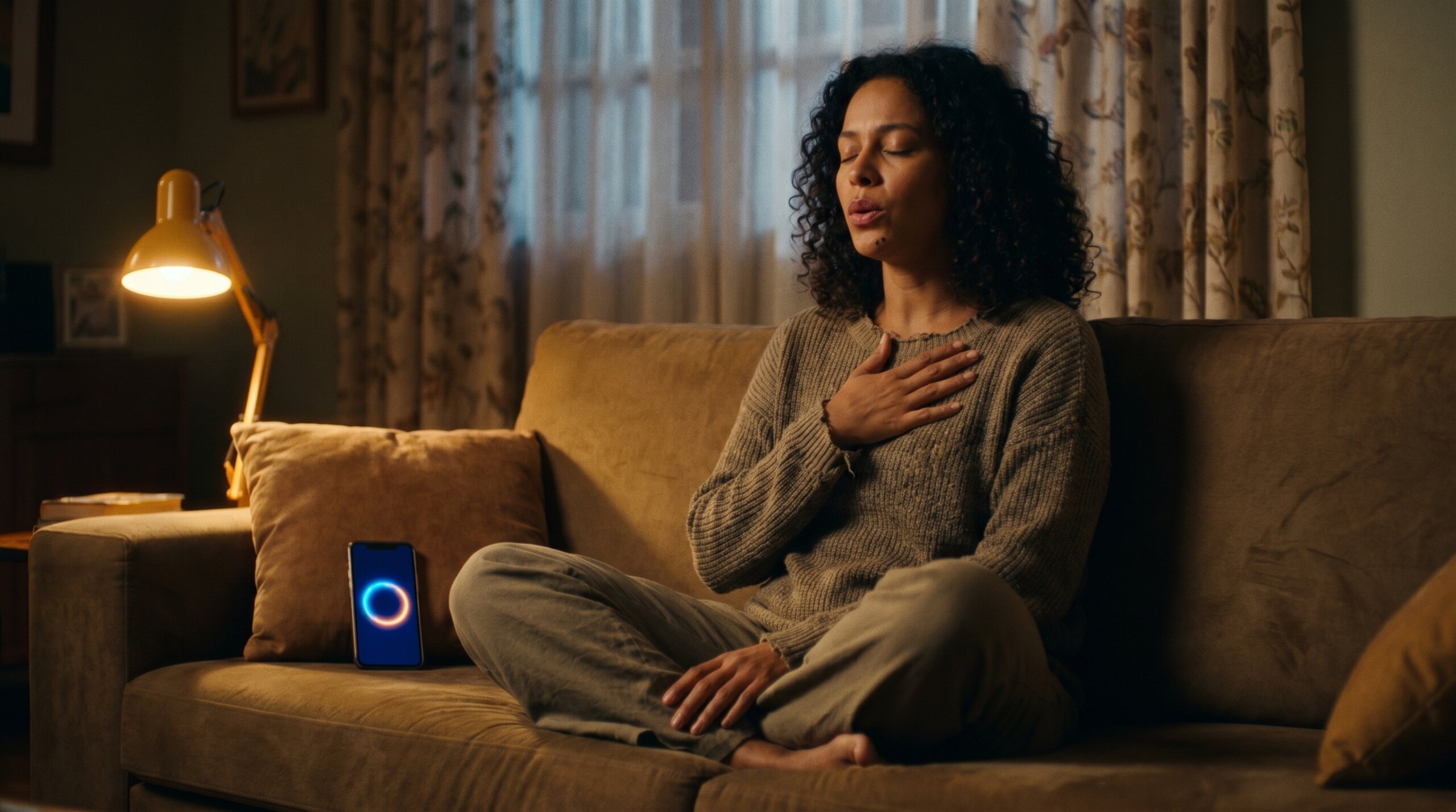 ulher praticando respiração com app de ansiedade no celular 2026