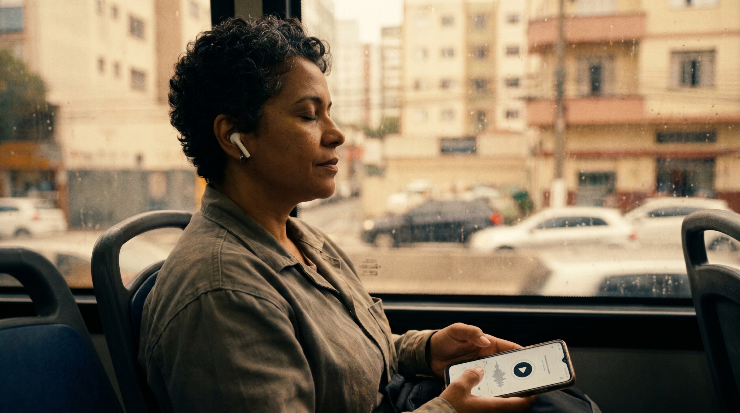 mulher ouvindo Bíblia em áudio no celular grátis Android iPhone 2026