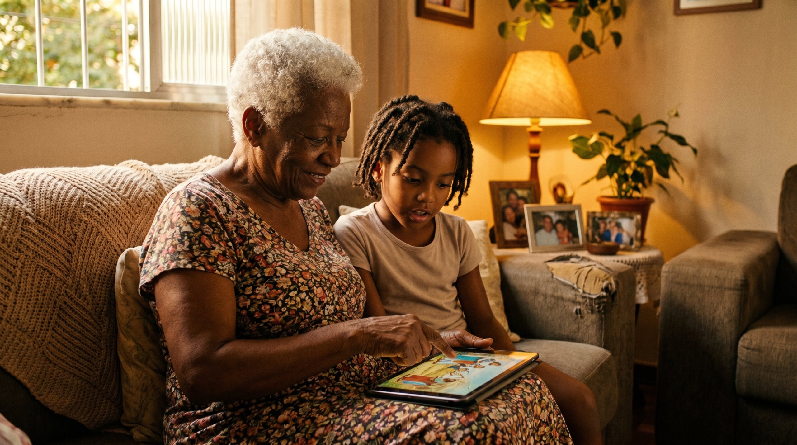 avó e neta lendo Bíblia infantil no tablet app grátis 2026