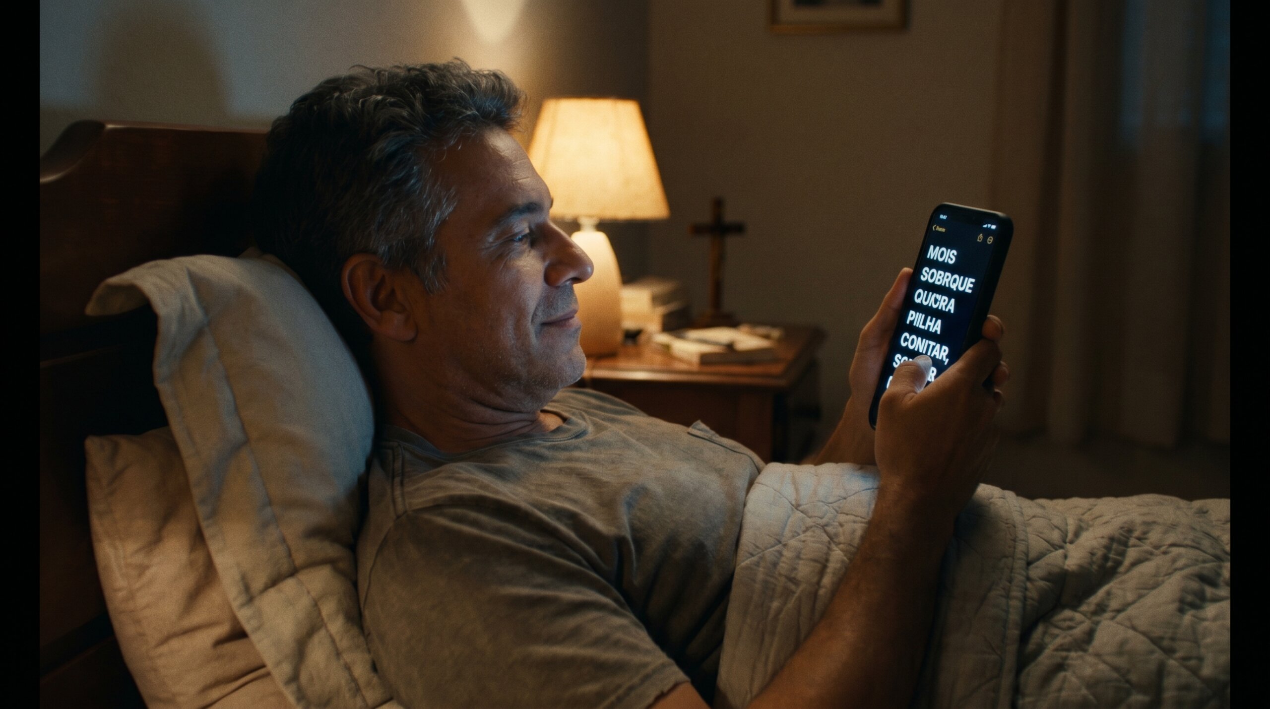 homem lendo Bíblia no celular antes de dormir app grátis modo noturno, Aplicativos para ler a Bíblia grátis.