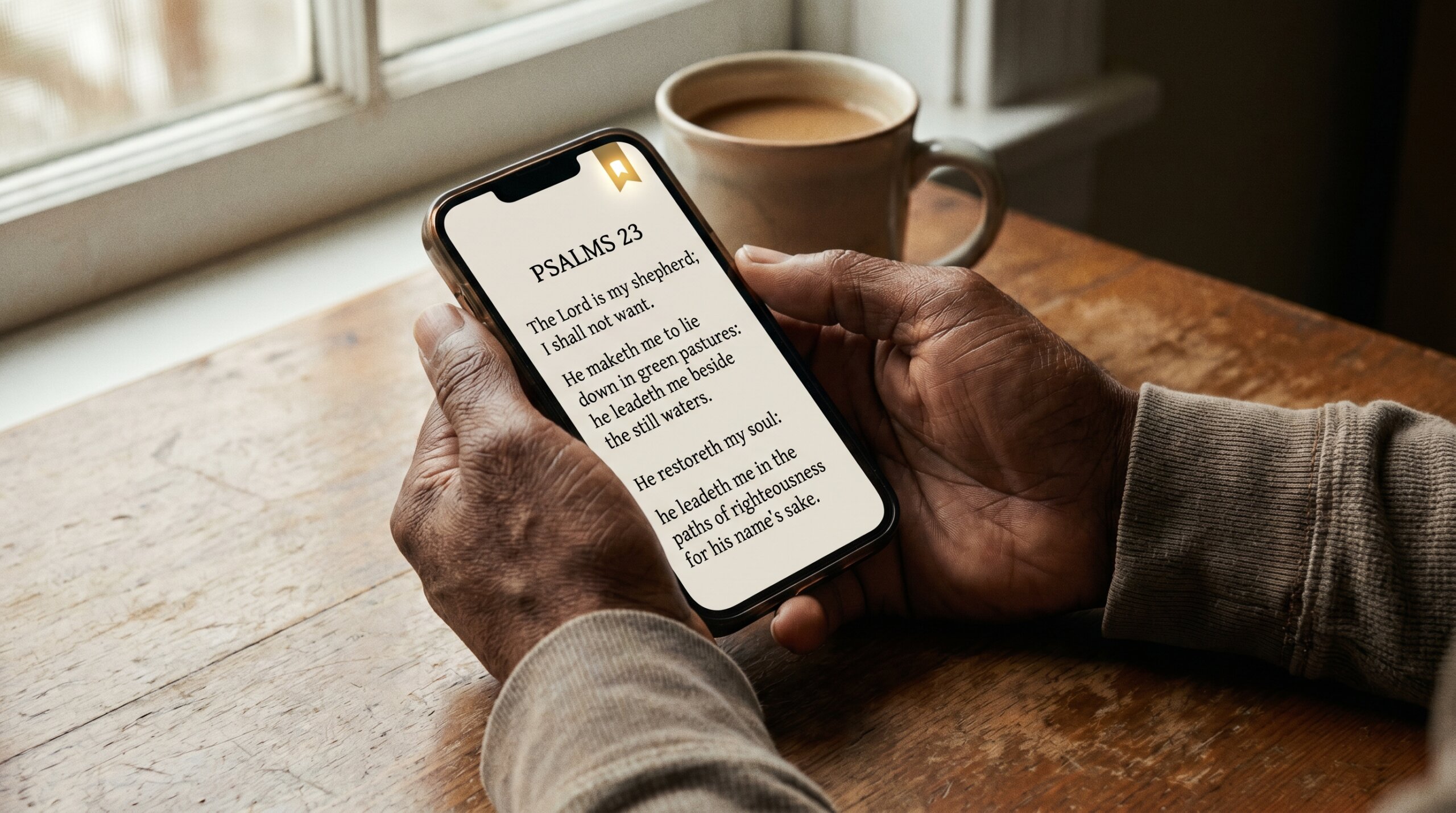 mãos segurando celular com aplicativo para ler a Bíblia grátis 2026