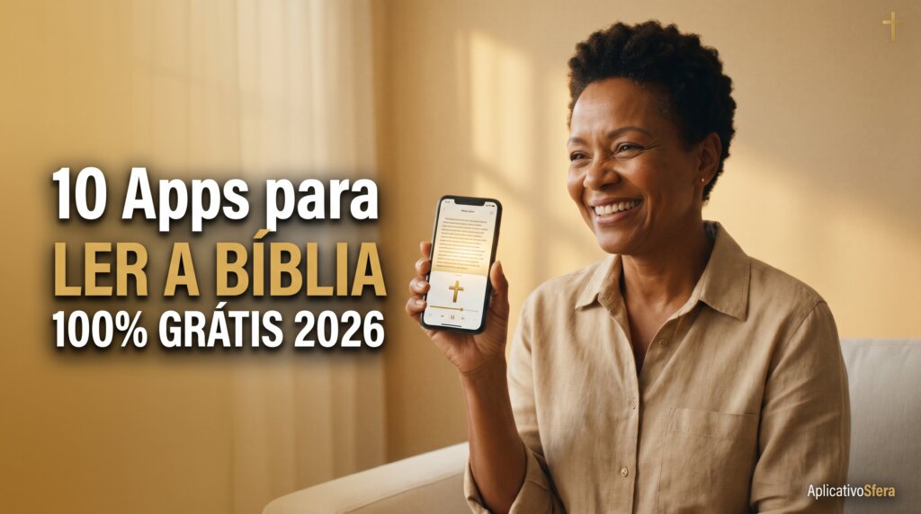 mulher com app para ler a Bíblia grátis Android iPhone 2026