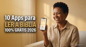 mulher com app para ler a Bíblia grátis Android iPhone 2026