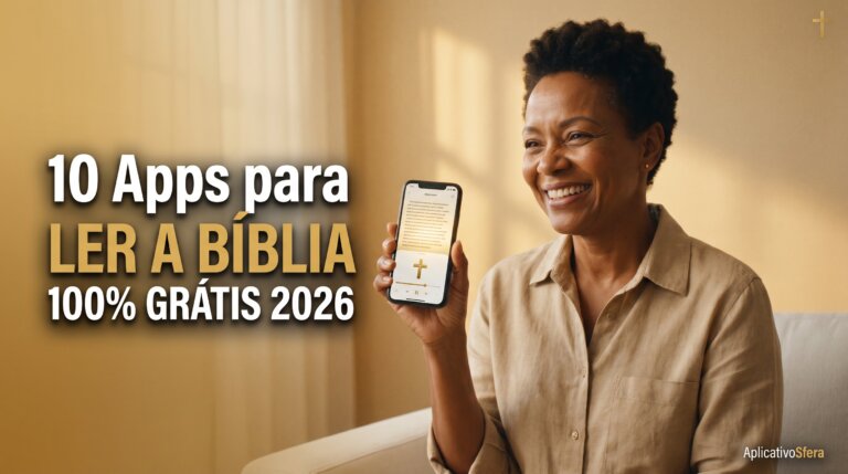 mulher com app para ler a Bíblia grátis Android iPhone 2026