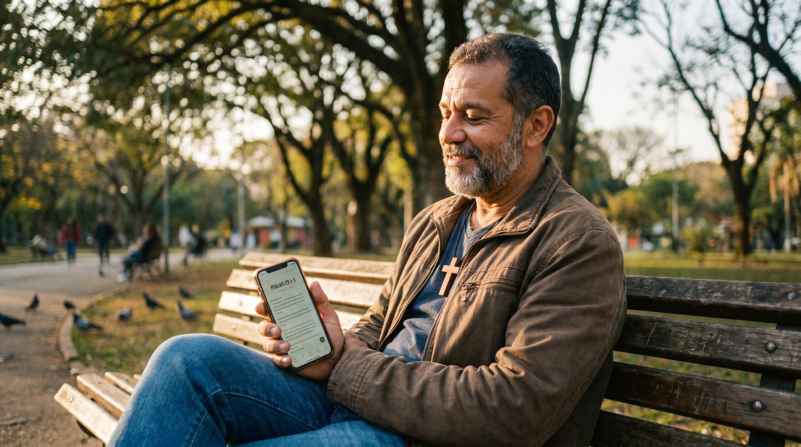 homem lendo aplicativo para ler a Bíblia grátis no celular ao ar livre 2026