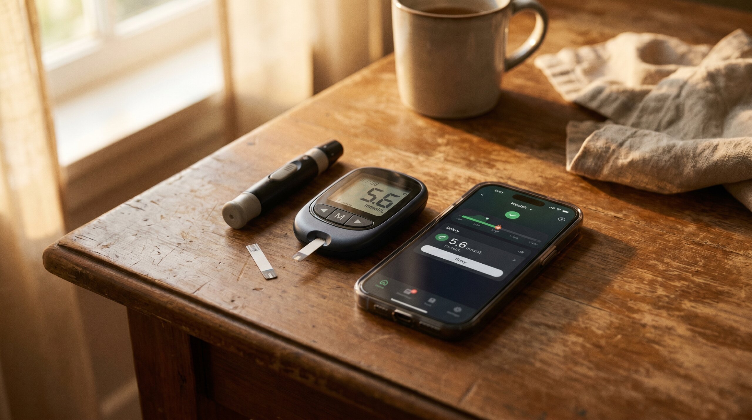 medidor de glicose ao lado de app de controle de diabetes no celular Android iPhone